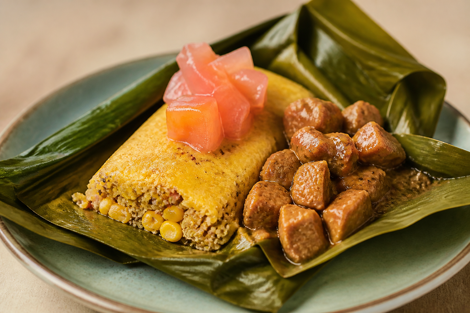 Tamal de Quinua y Choclo con Pollo al Maní y Encurtido de Piña