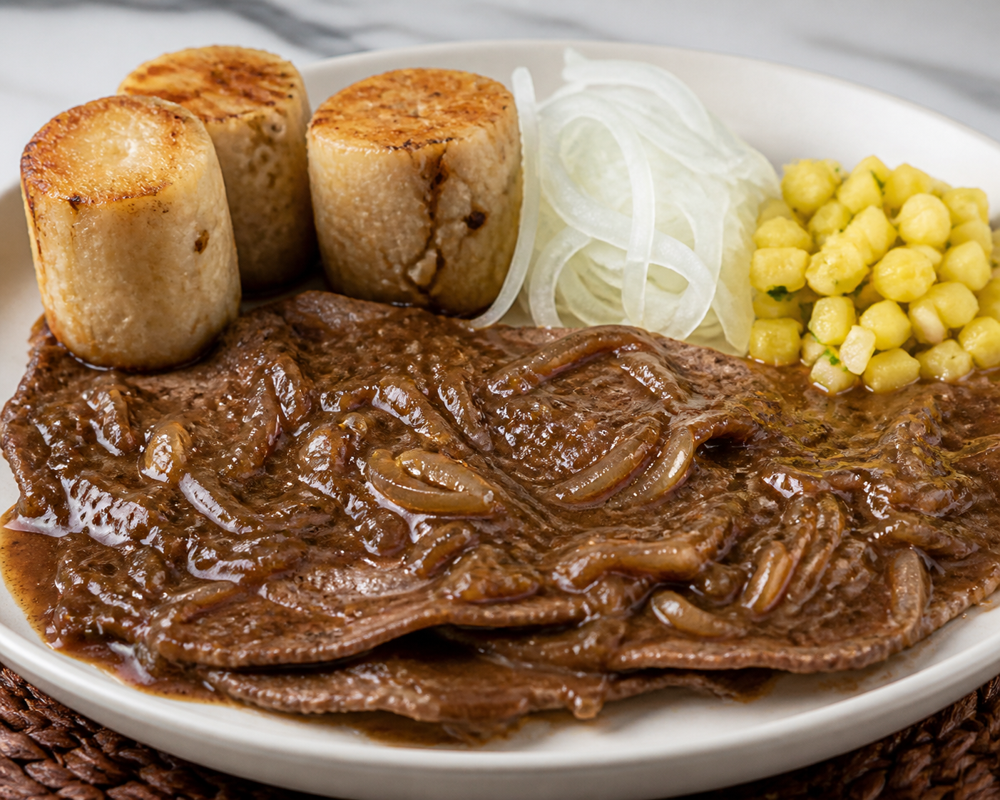 Bistec encebollado al pilón con mofonguitos de malanga y mojo suave de piña