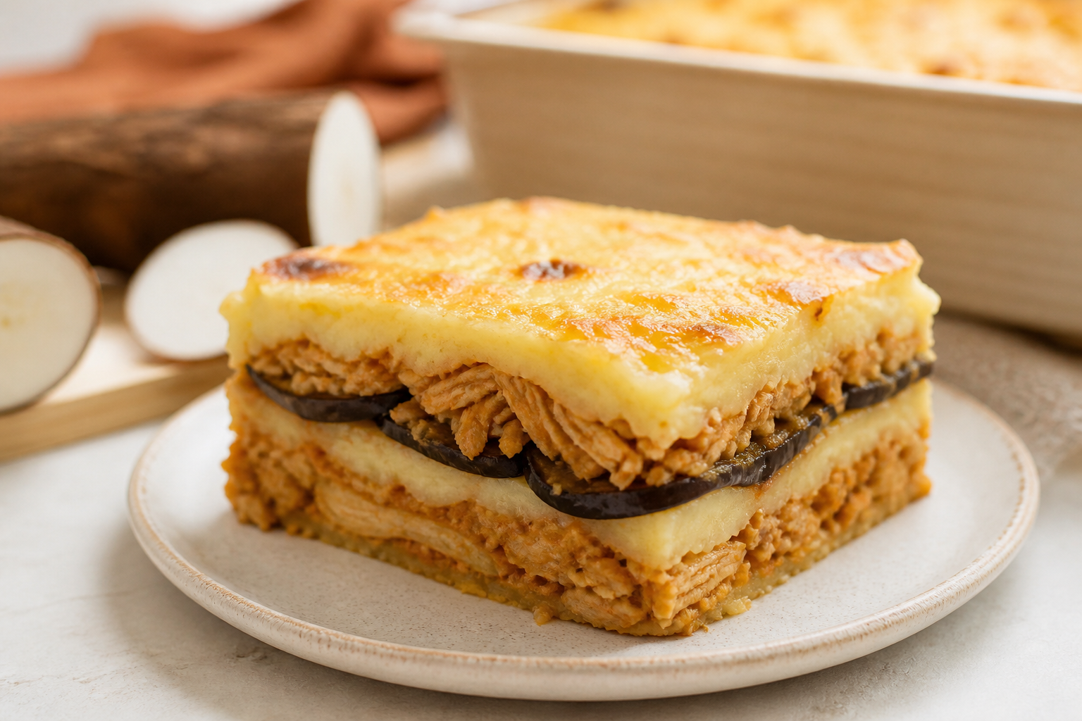 Dominican Caribbean Yuca Lasagna with Sofrito Chicken and Roasted Eggplant