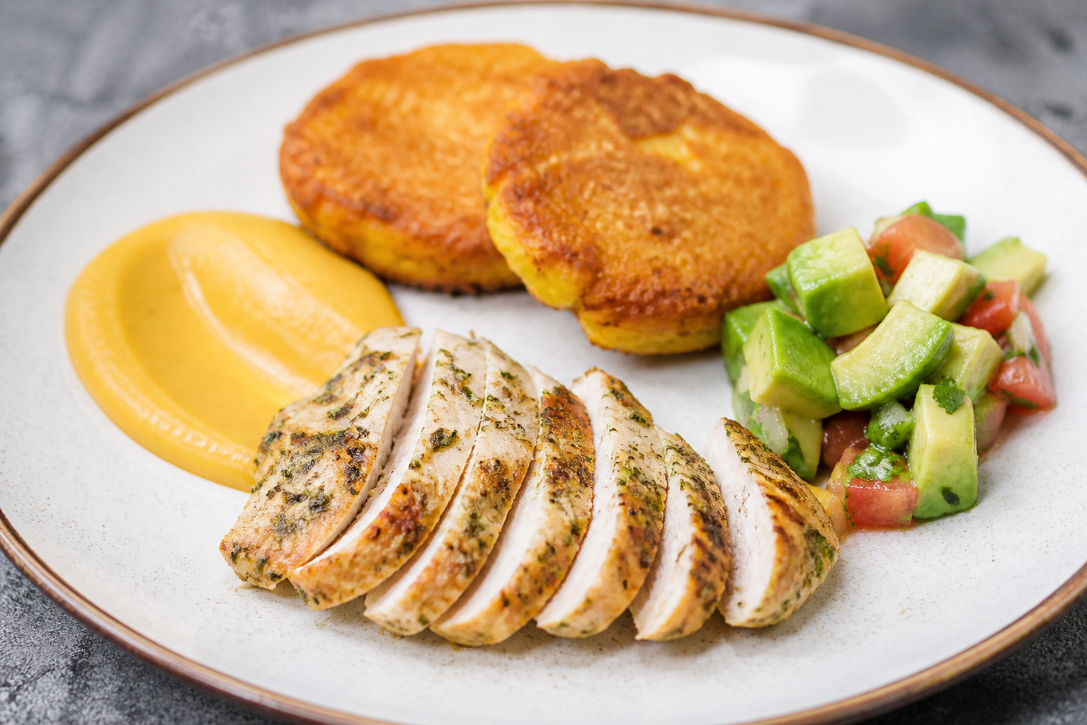 Dominican Yuca and Corn Fritters with Cilantro Chicken, Auyama Cream, and Avocado Salad
