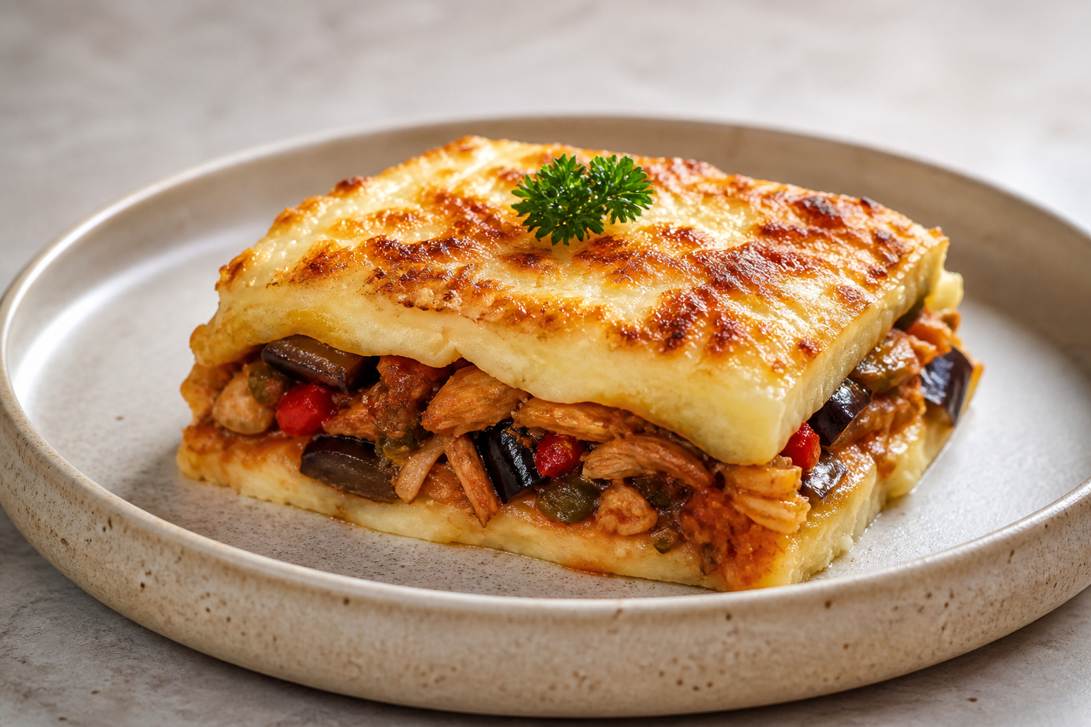 Dominican Creole Yuca Lasagna with Sofrito Chicken and Roasted Eggplant