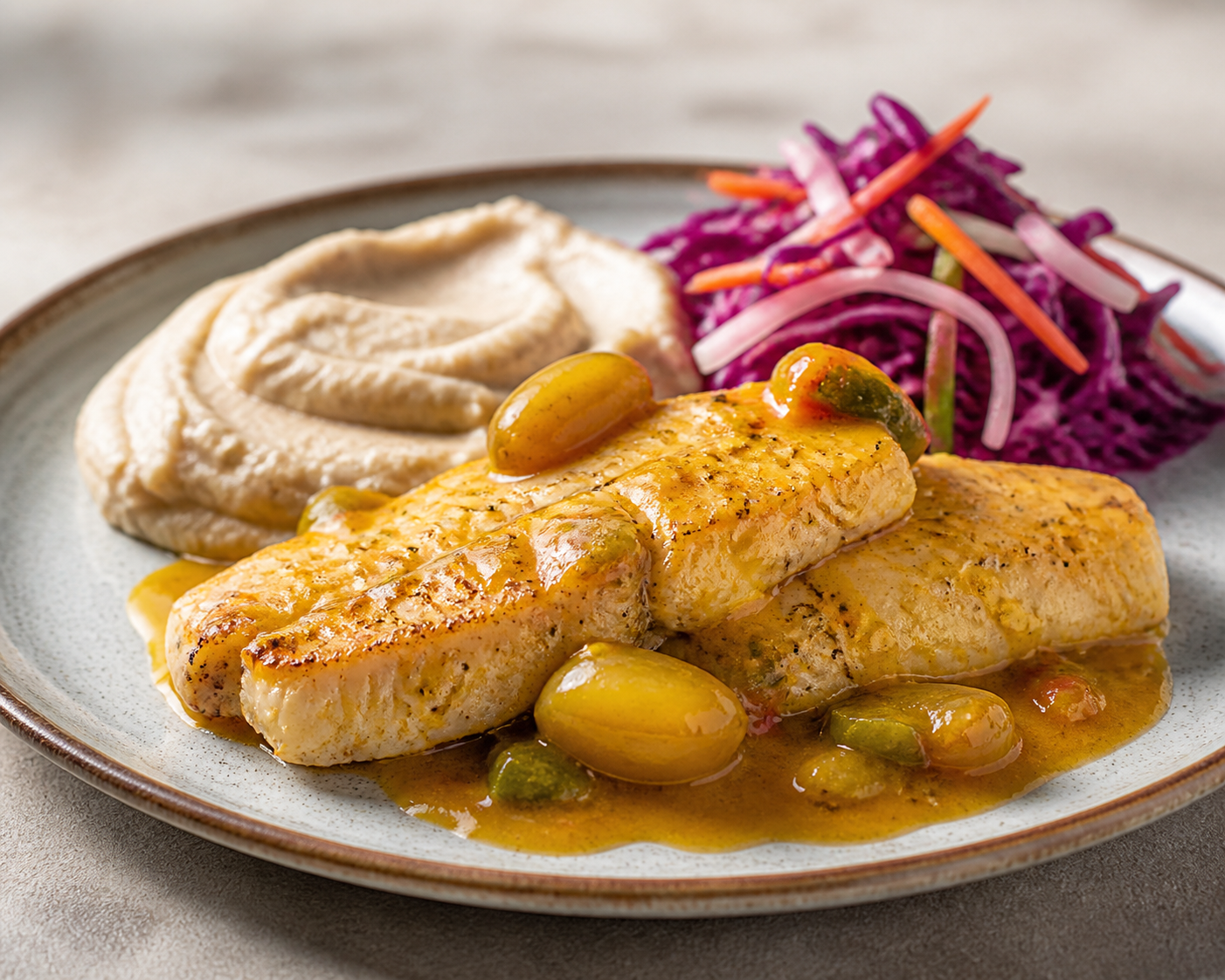Pescado Catracho en Salsa de Jocote Corona con Puré de Malanga y Curtido de Repollo Morado