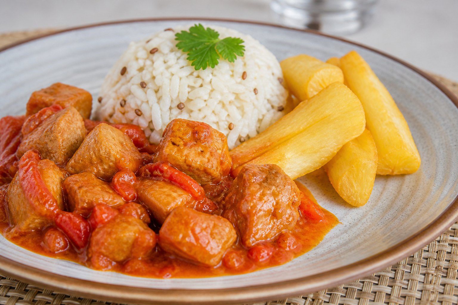 Cerdo Hondureño en Recado de Jocote Corona y Chile Dulce con Arroz de Coco al Comino y Yuca Dorada