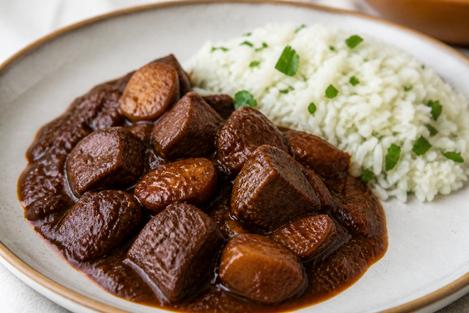 Res Catracha en Recado de Chile Pasilla, Cacao y Plátano Maduro con Arroz de Culantro