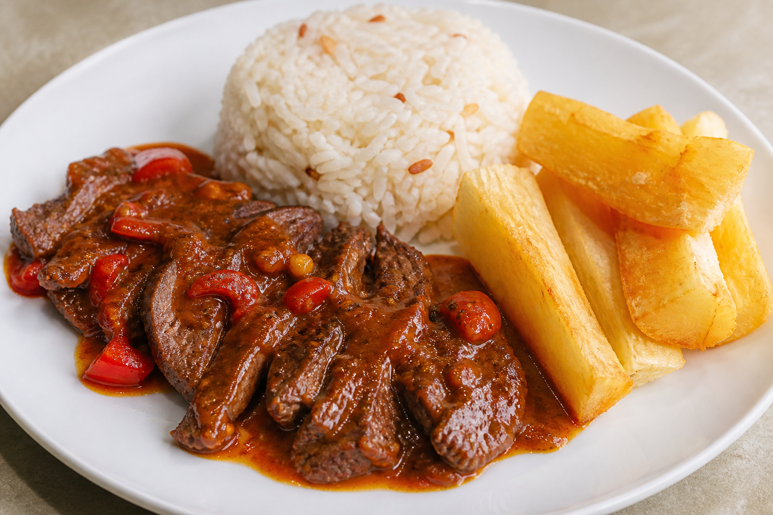 Honduran Beef in Jocote and Sweet Pepper Sauce with Coconut Rice and Golden Yuca