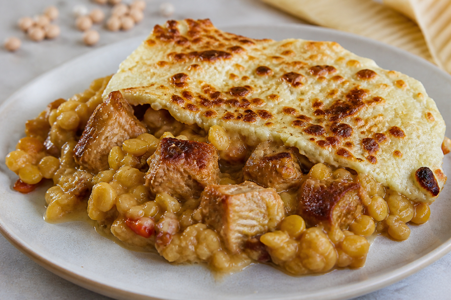 Cazuela de Quinchoncho Cremoso con Costillas de Cerdo al Papelón y Techo de Casabe Gratinado