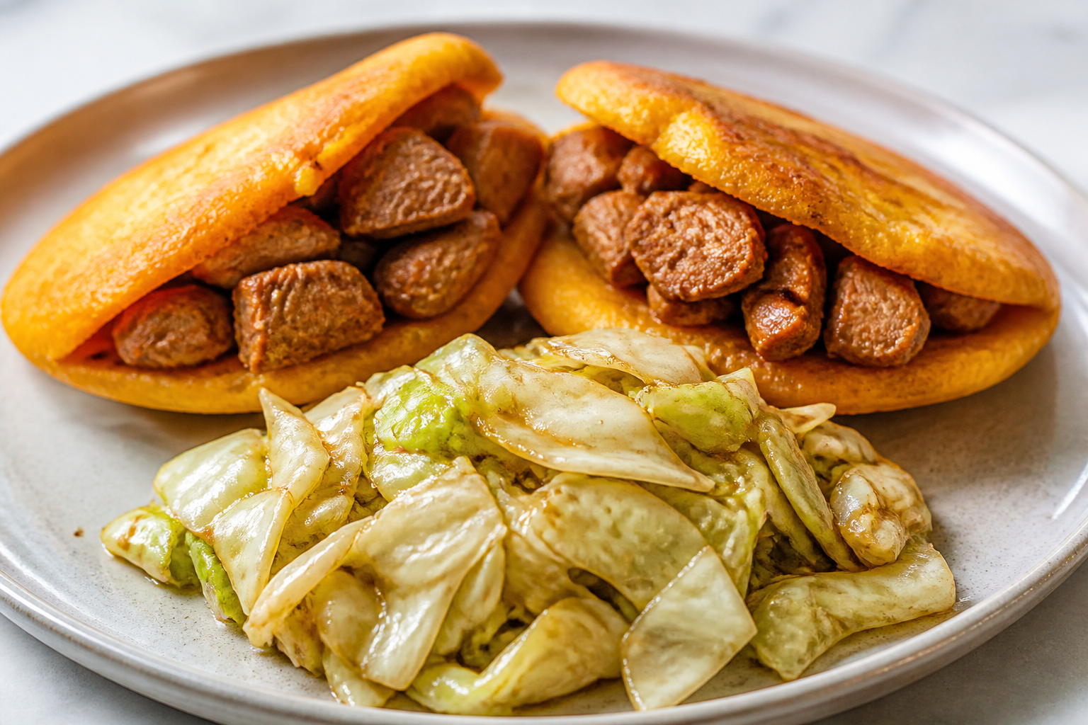 Sweet Potato and Anise Arepas with Panela Pork and Warm Cabbage Salad