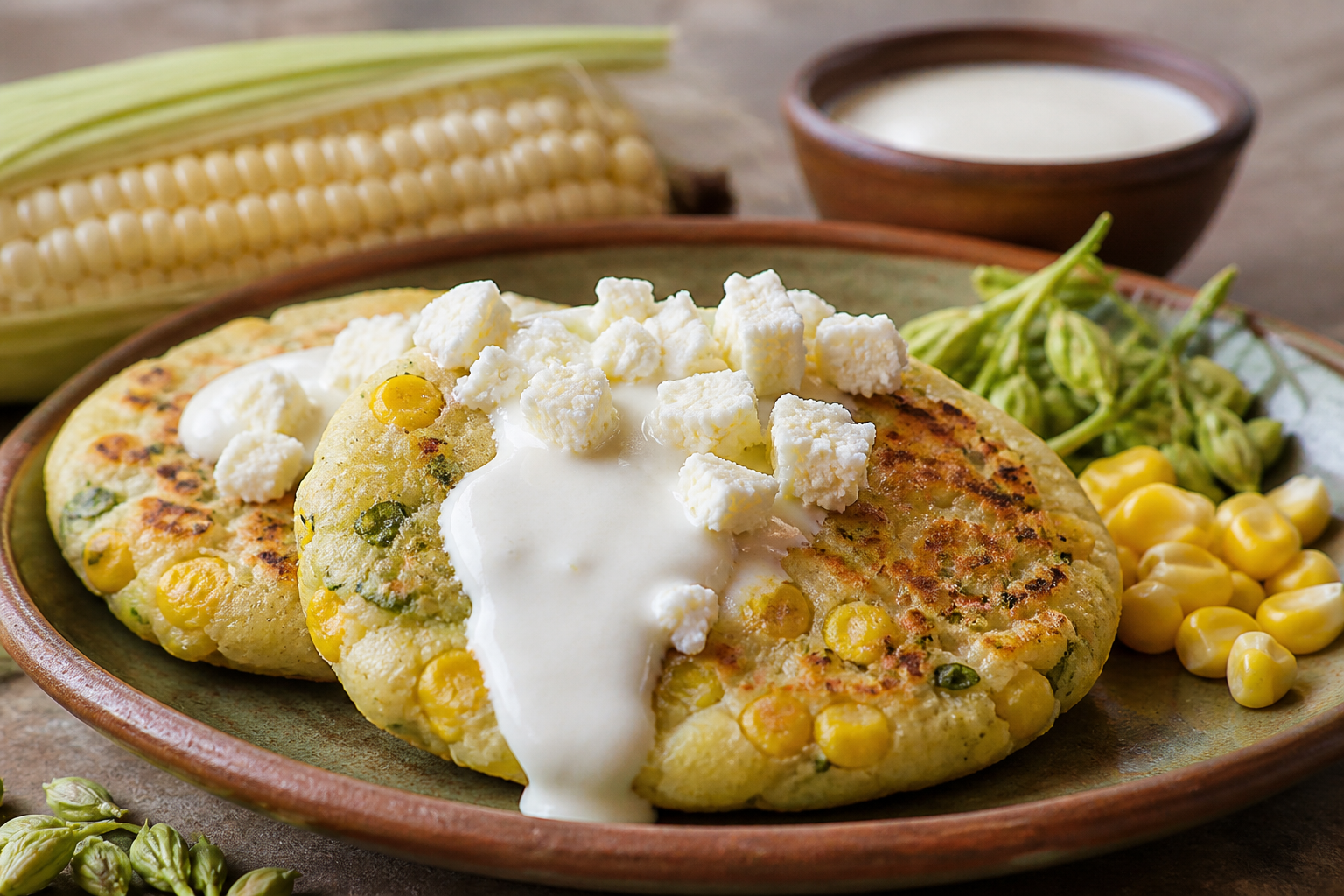 Salvadoran fresh corn and loroco griddle cakes with jocote cream and queso duro blando