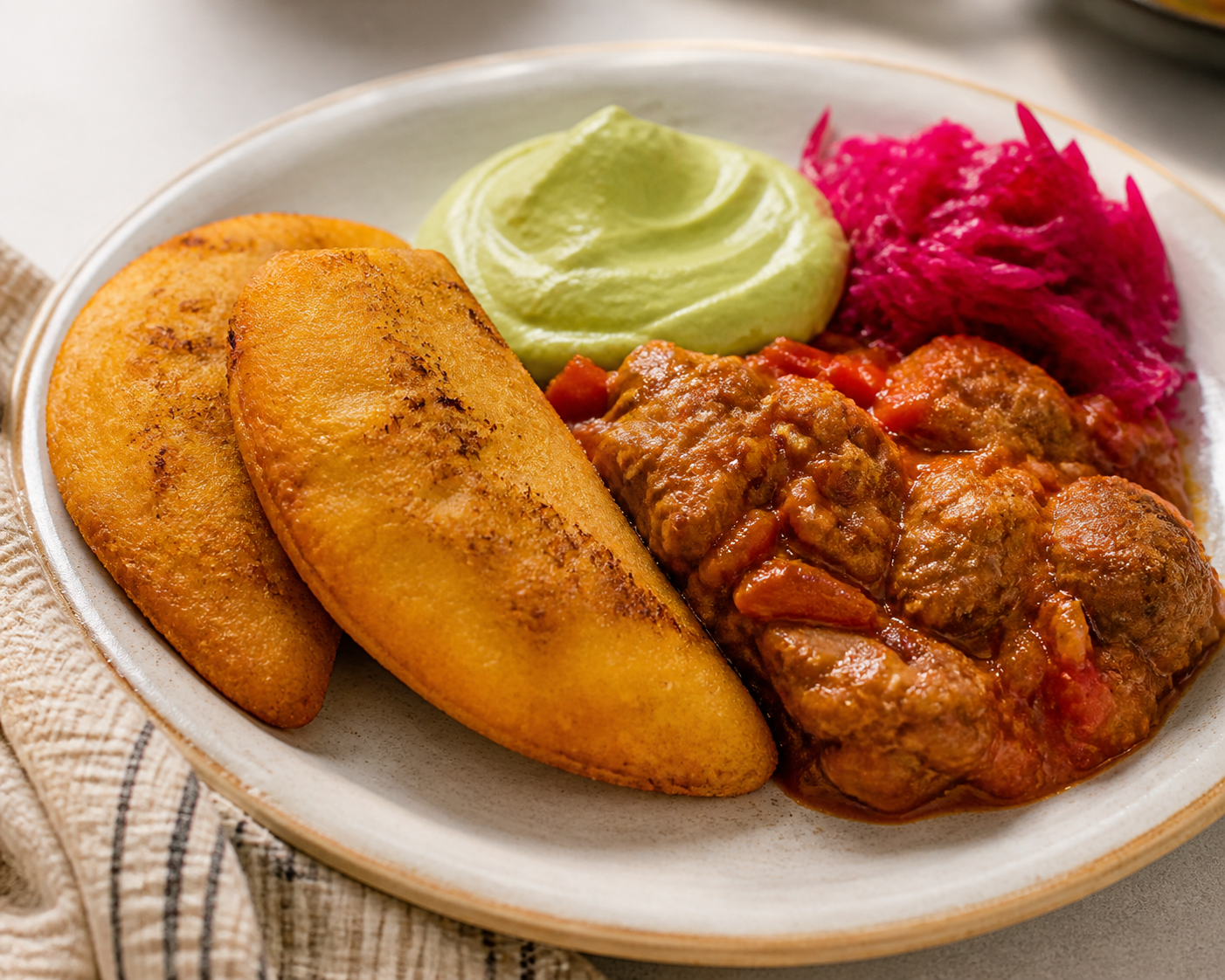 Sweet Potato and Cassava Flatbread Turnovers with Ají Dulce Turkey Stew, Avocado Cream, and Pickled Red Cabbage