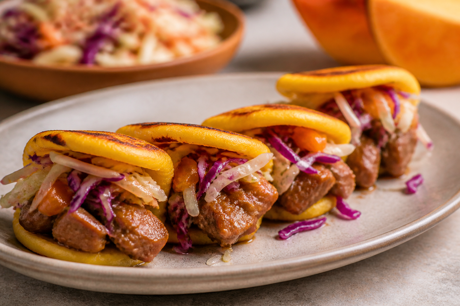 Pumpkin-Anise Mini Arepas with Citrus Panela Pork and Warm Cabbage Salad