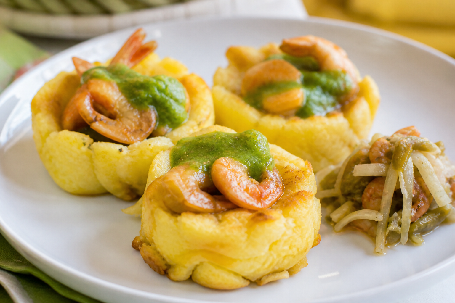 Salvadoran Yuca Baskets with Dried Shrimp, Tomatillo Sauce, and Alguashte