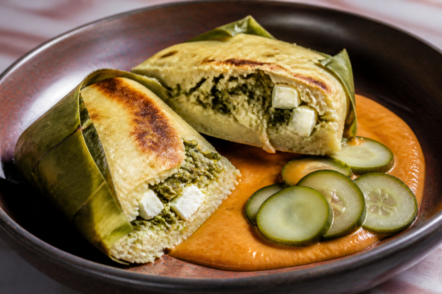 Salvadoran yuca and loroco wrapped cakes with cheese, roasted tomato cream, and pickled cucumber