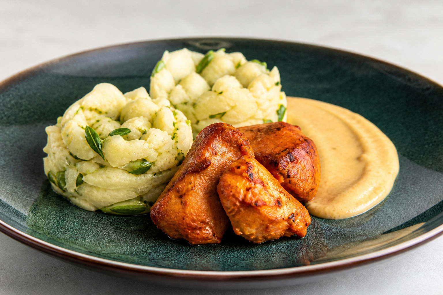 Canastitas salvadoreñas de yuca y loroco con pollo al achiote y crema de maíz tostado