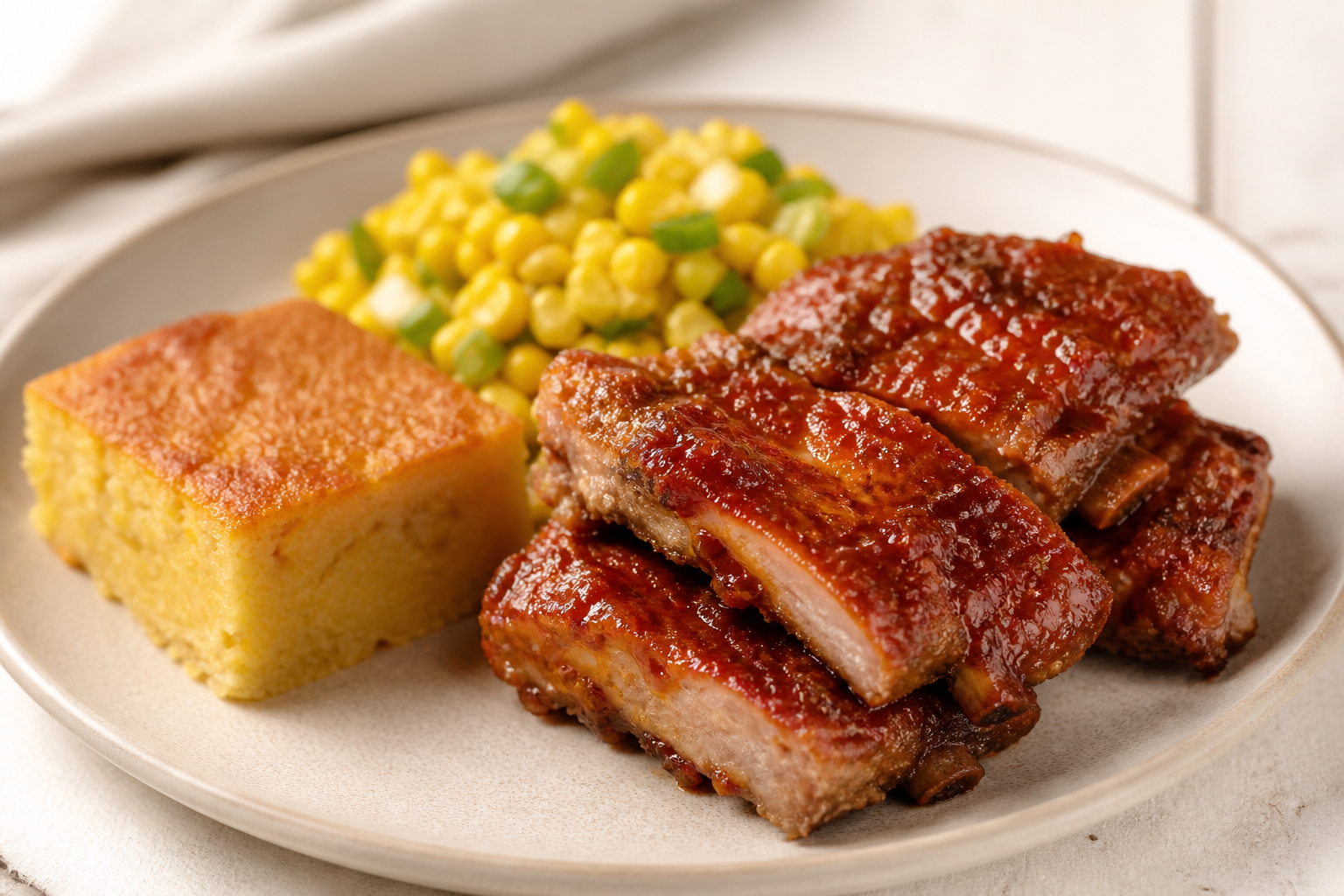 Colombian Baked Ribs with Tart Guava and Sweet Pepper Glaze, Soft Cassava Cake, and Warm Corn-Scallion Salad