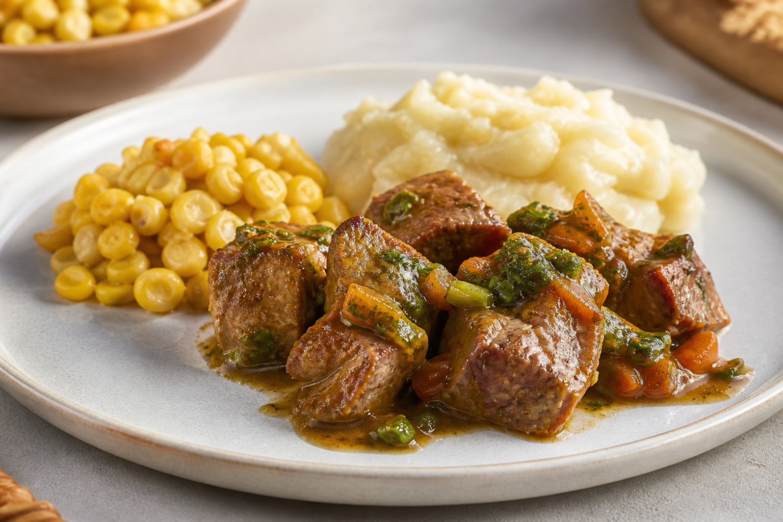 Colombian Pork Roast in Sour Guava and Scallion Sauce with Creamy Cassava and Sweet Corn Mote