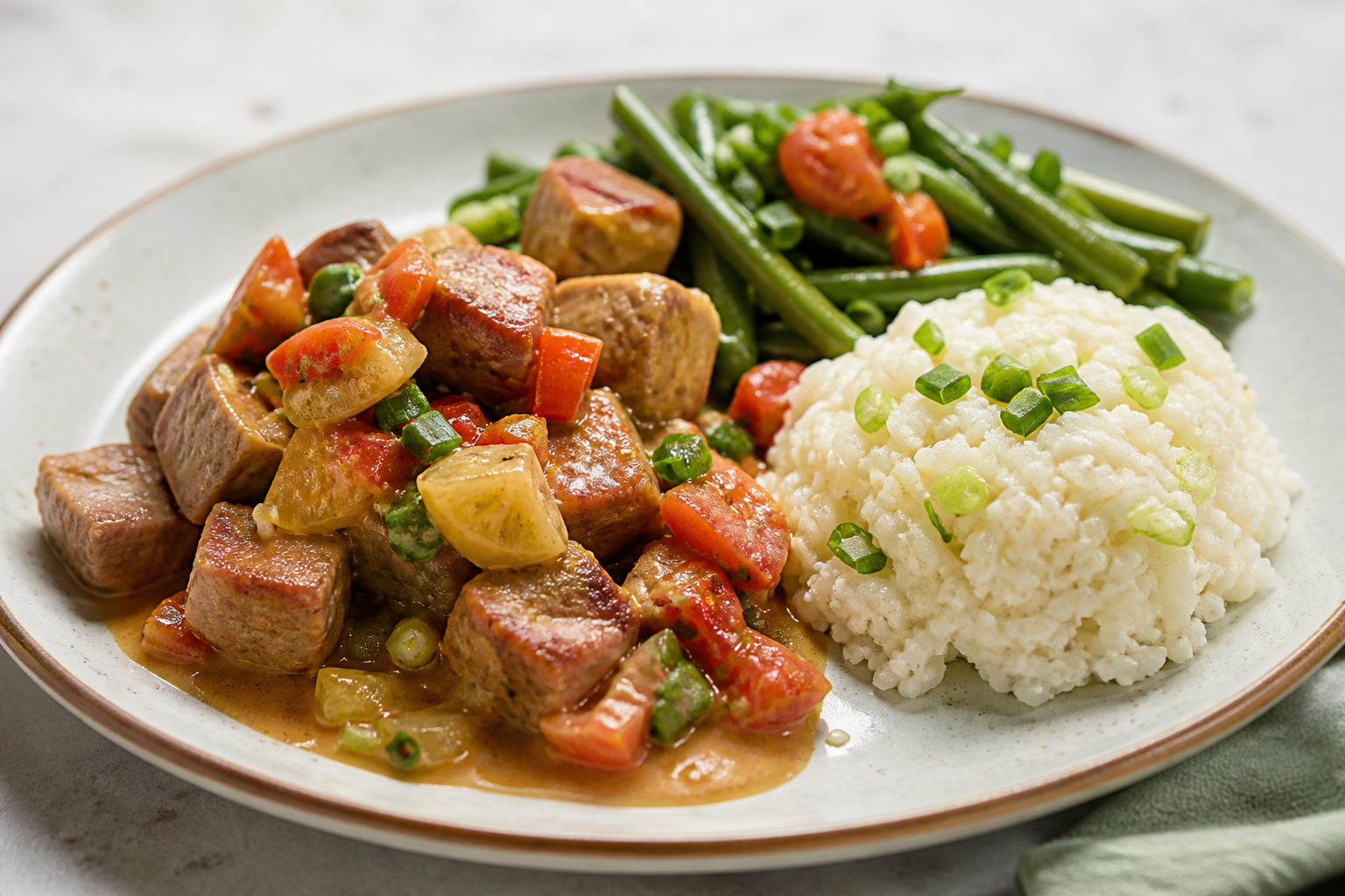 Cerdo Criollo en Salsa de Guayaba Agria y Comino con Arroz Meloso de Yuca y Ensalada Tibia de Habichuela