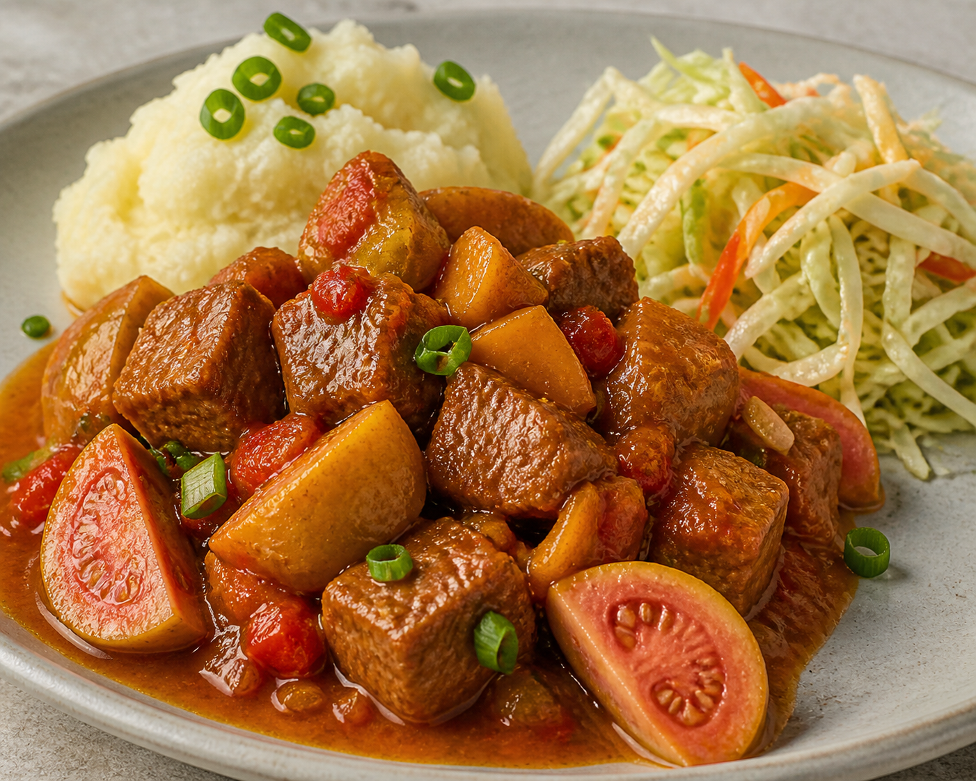 Creole Pork in Tangy Guava and Sweet Pepper Sauce with Soft Yuca Mash and Warm Cabbage Salad