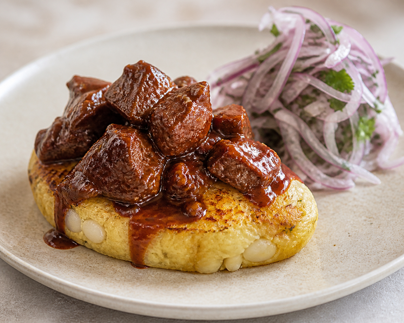 Tacu cremoso de pallares con cerdo al café de panca y ensalada tibia de cebolla y hierbas