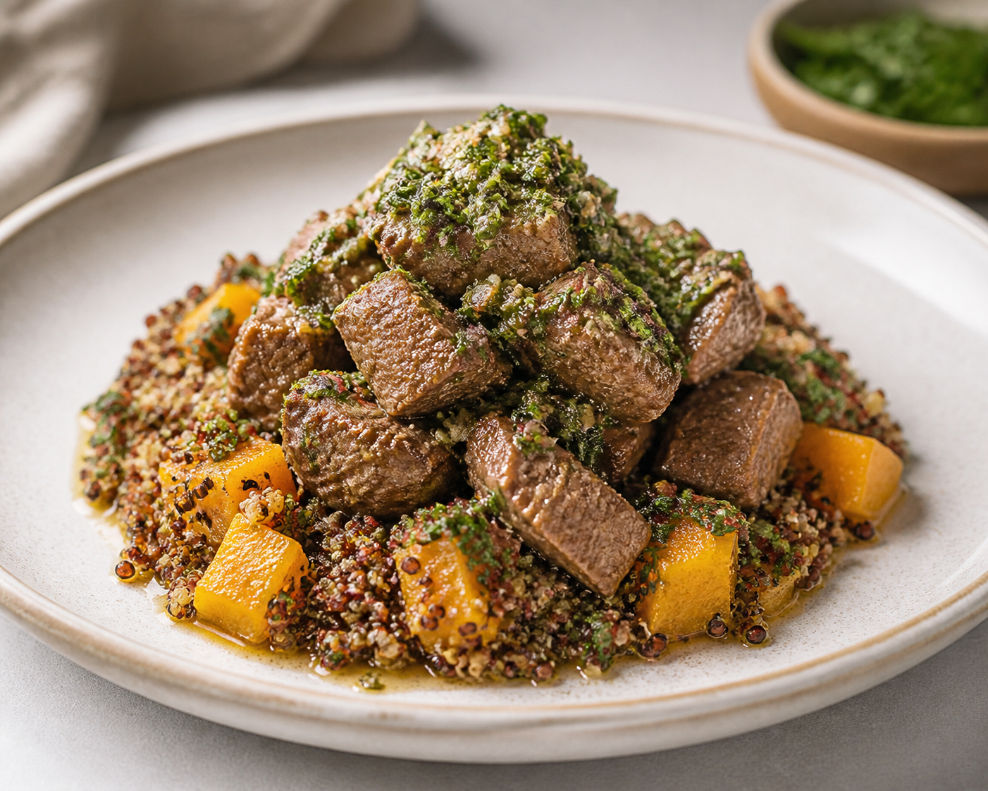 Gentle Peruvian Lamb Seco with Red Quinoa, Zapallo Loche and Huacatay Gremolata
