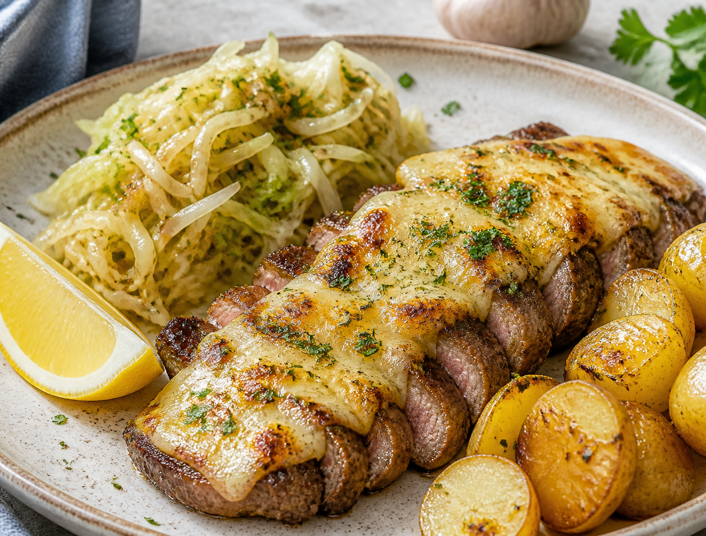 Argentinian Lemon Matambrito with Provoleta Crust, Rustic Potatoes, and Warm Cabbage Salad