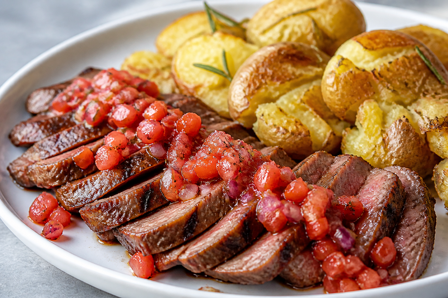 Matambre tierno a la parrilla con salsa tibia de chimichurri de tomate y papas aplastadas al romero