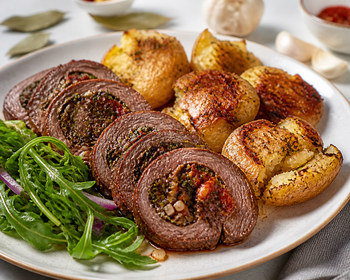 Matambre tierno al chimichurri de tomate seco con papas aplastadas crocantes y ensalada tibia de rúcula