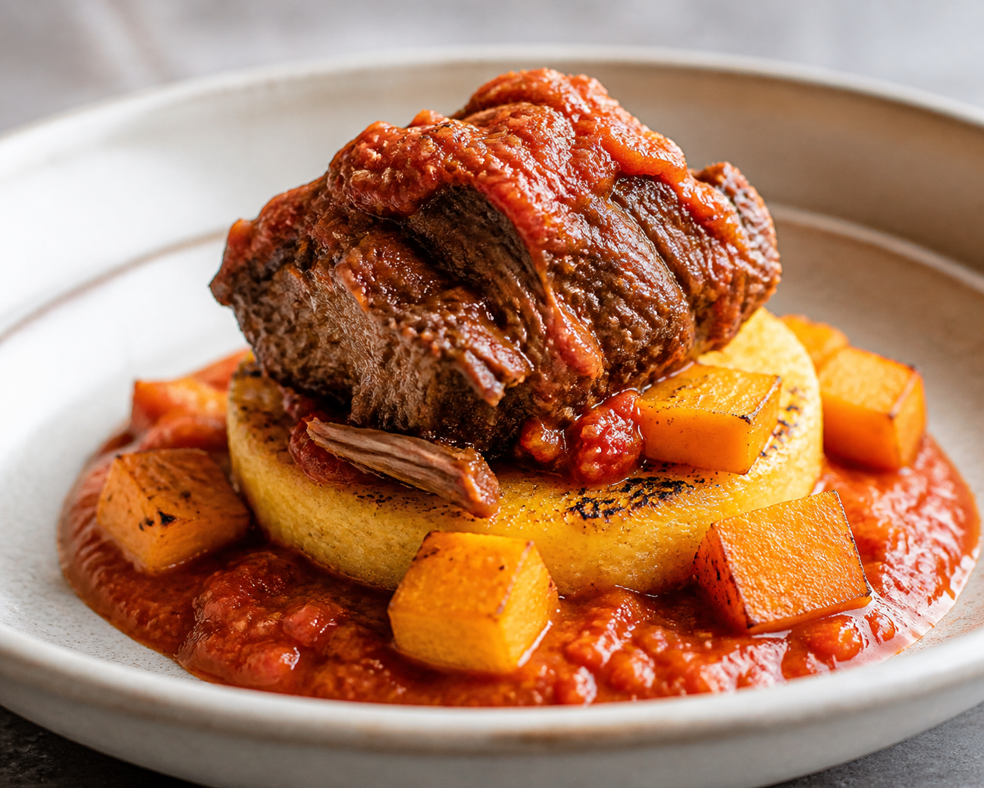 Buenos Aires grilled polenta cakes with shredded osso buco, cumin-roasted squash, and warm tomato sauce