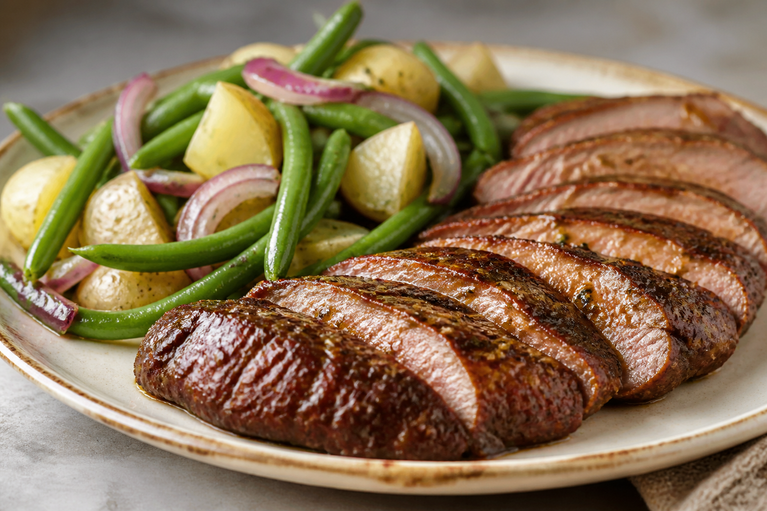 Argentinian pork flank steak with mild mustard glaze and warm potato, green bean, and red onion salad