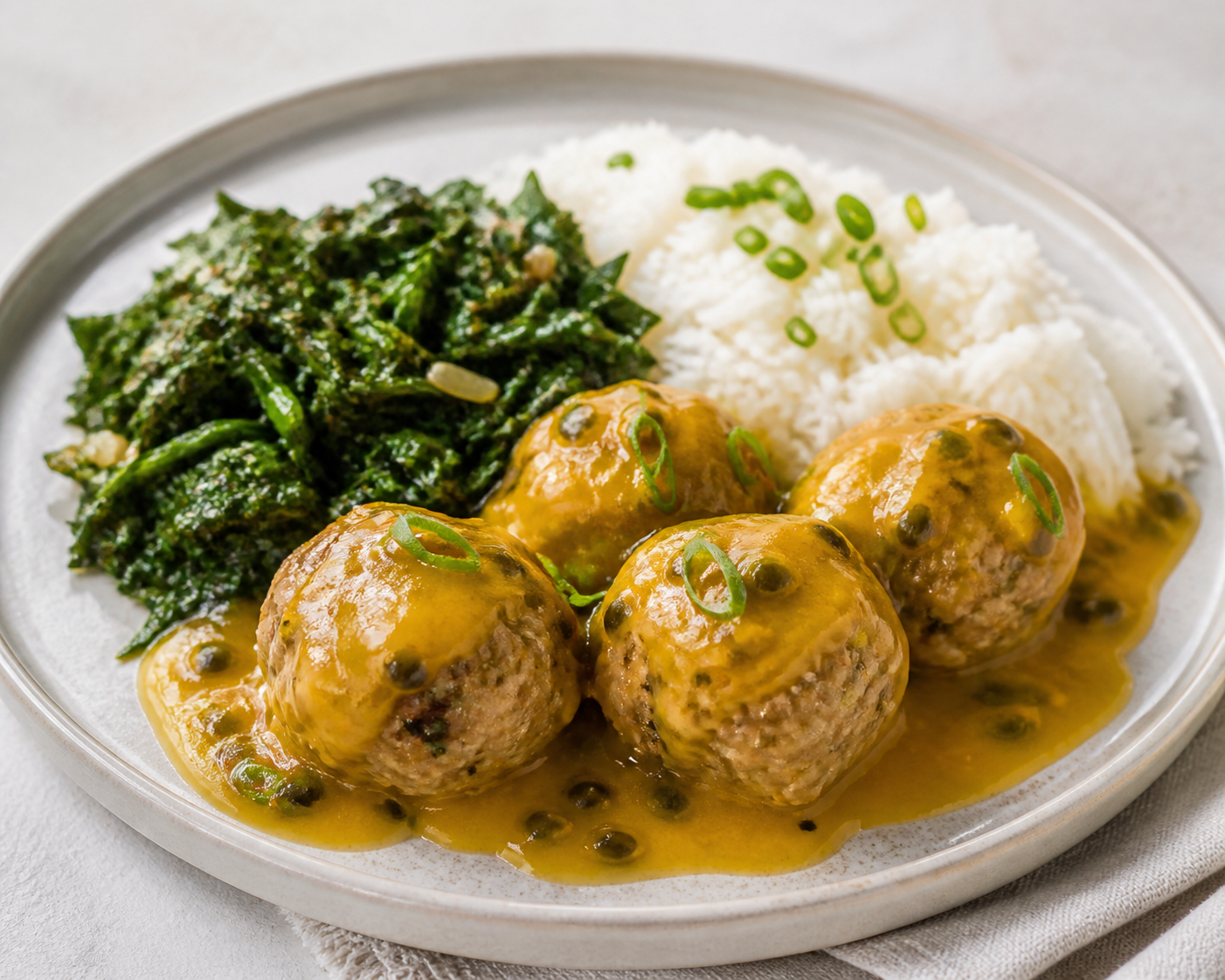 Albóndigas Brasileñas de Cerdo y Yuca en Salsa de Maracuyá con Arroz de Coco y Berza Salteada