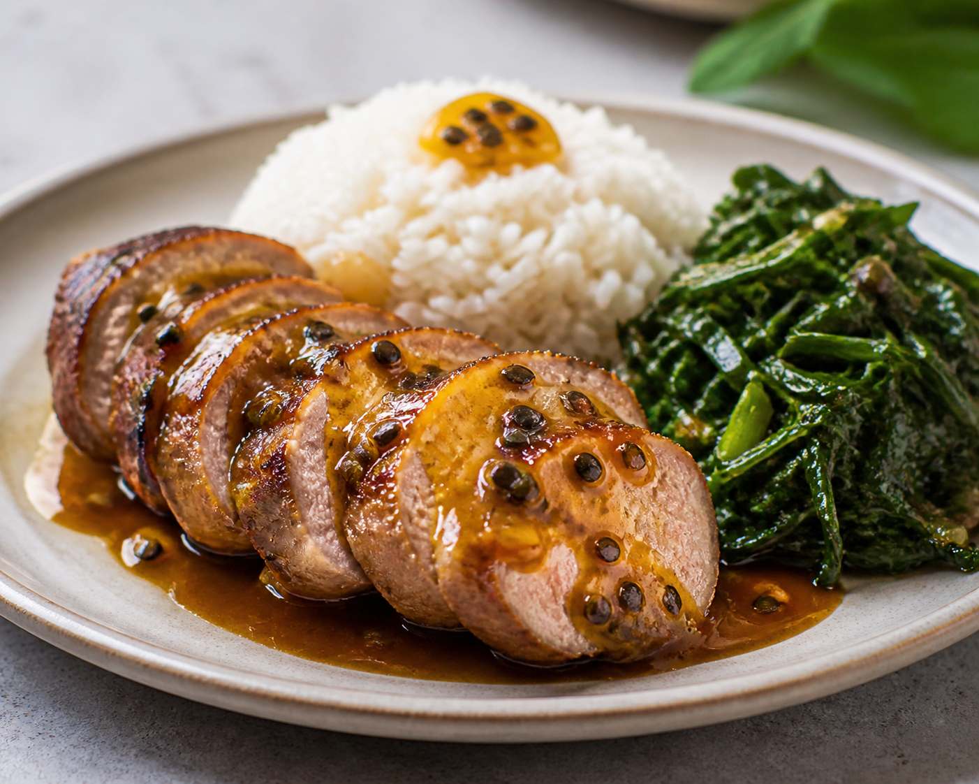 Brazilian Pork Loin in Passion Fruit and Coffee Sauce with Coconut Rice and Sautéed Collard Greens