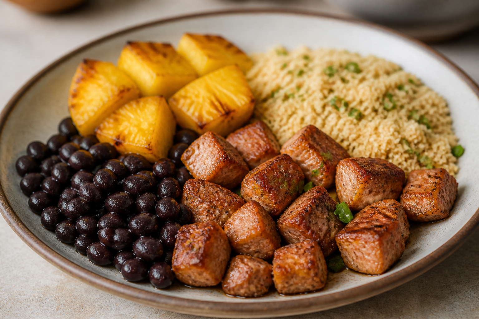 Brazilian Pork Casserole with Roasted Pineapple, Black Beans, and Coconut-Lime Farofa