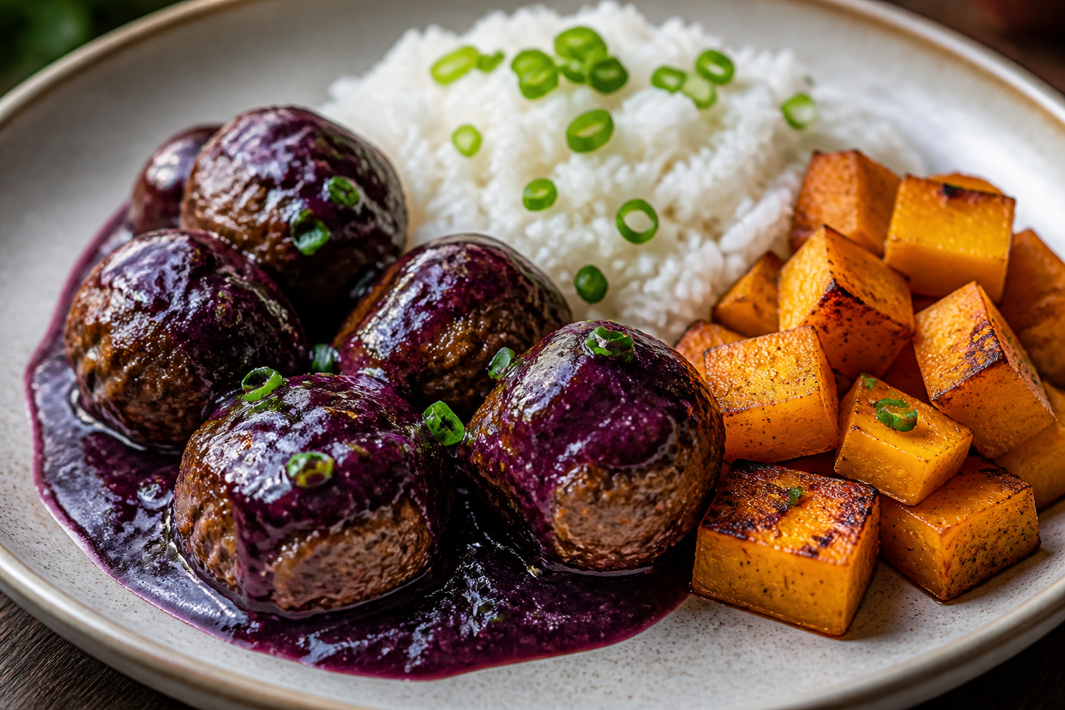 Brazilian Beef Meatballs with Açaí-Ginger Sauce, Coconut Scallion Rice and Roasted Pumpkin