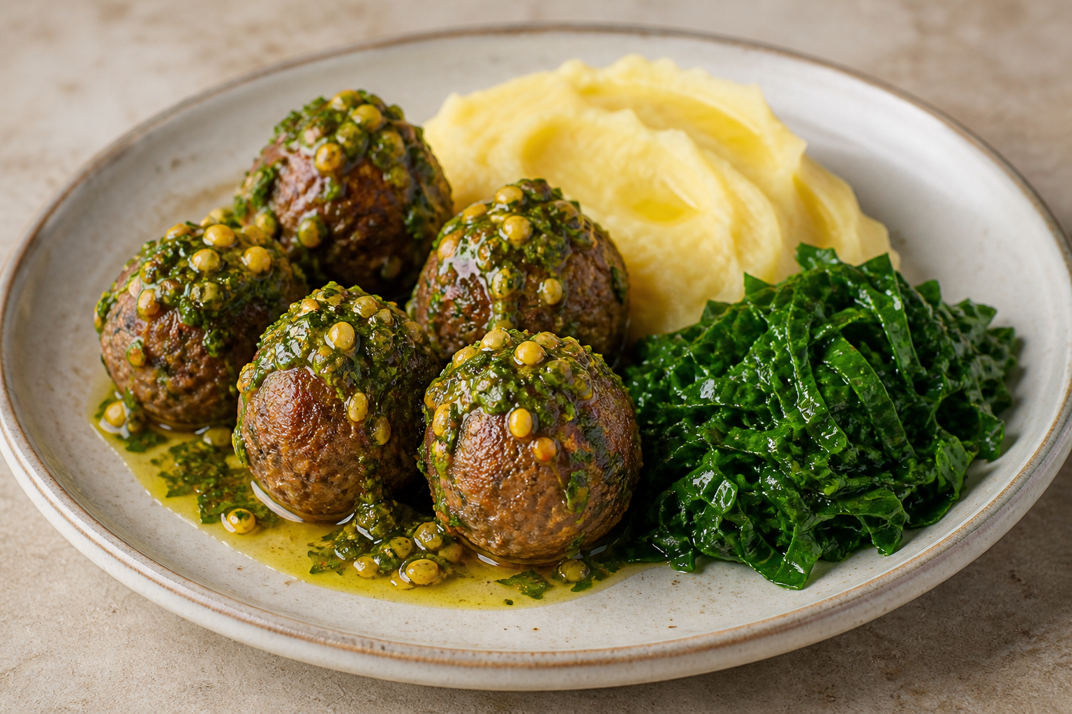 Brazilian Beef Meatballs with Passion Fruit Chimichurri, Cassava Mash and Crispy Collard Greens
