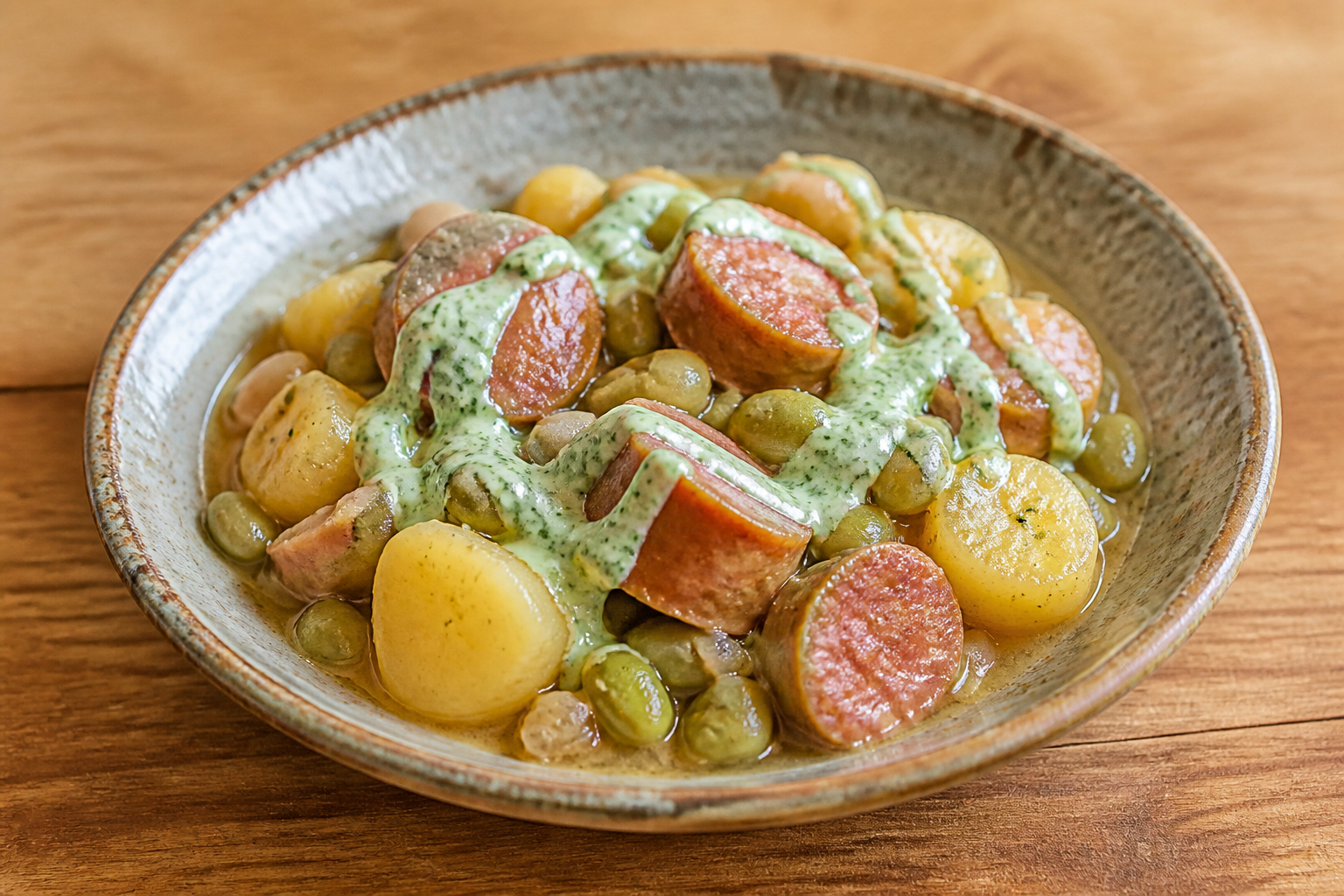 Guiso chileno de habas, papas doradas y longaniza con crema de ají verde