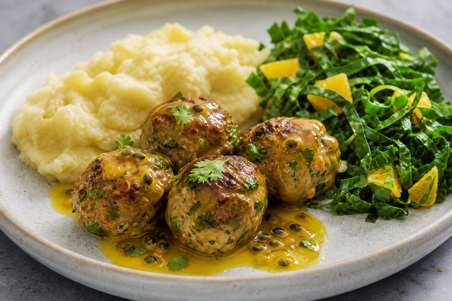 Brazilian Turkey Meatballs with Passion Fruit Pepper Sauce, Cassava Mash, and Collard Orange Salad