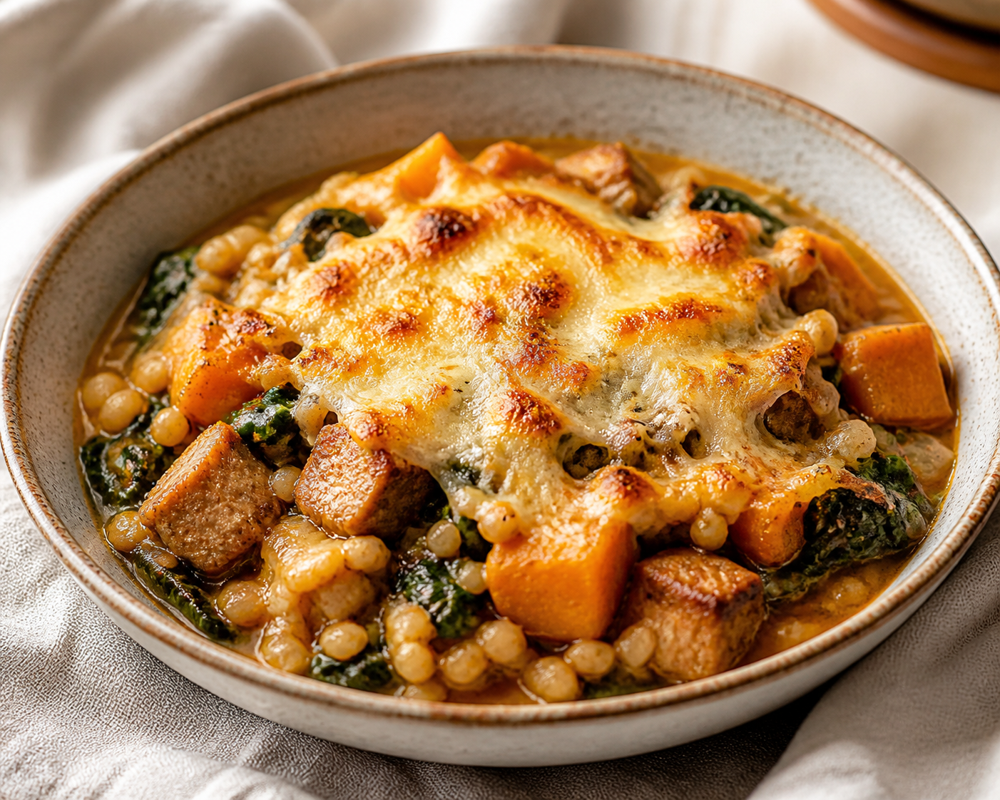 Chilean creamy wheat berry stew with paprika pork, spinach, and golden chanco cheese crust