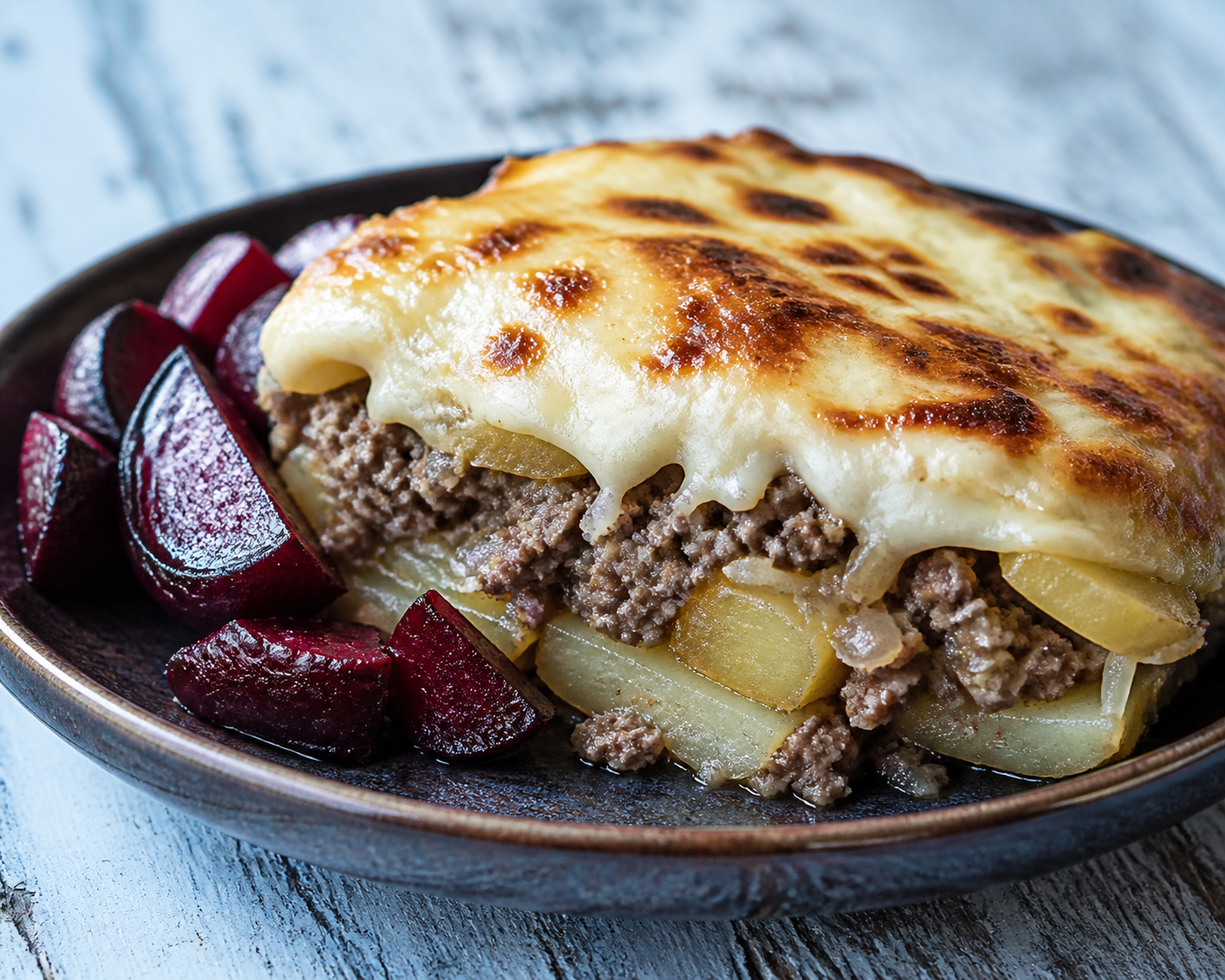 Pastel de papas chilotas con pino de cordero, betarraga asada y chanco ahumado