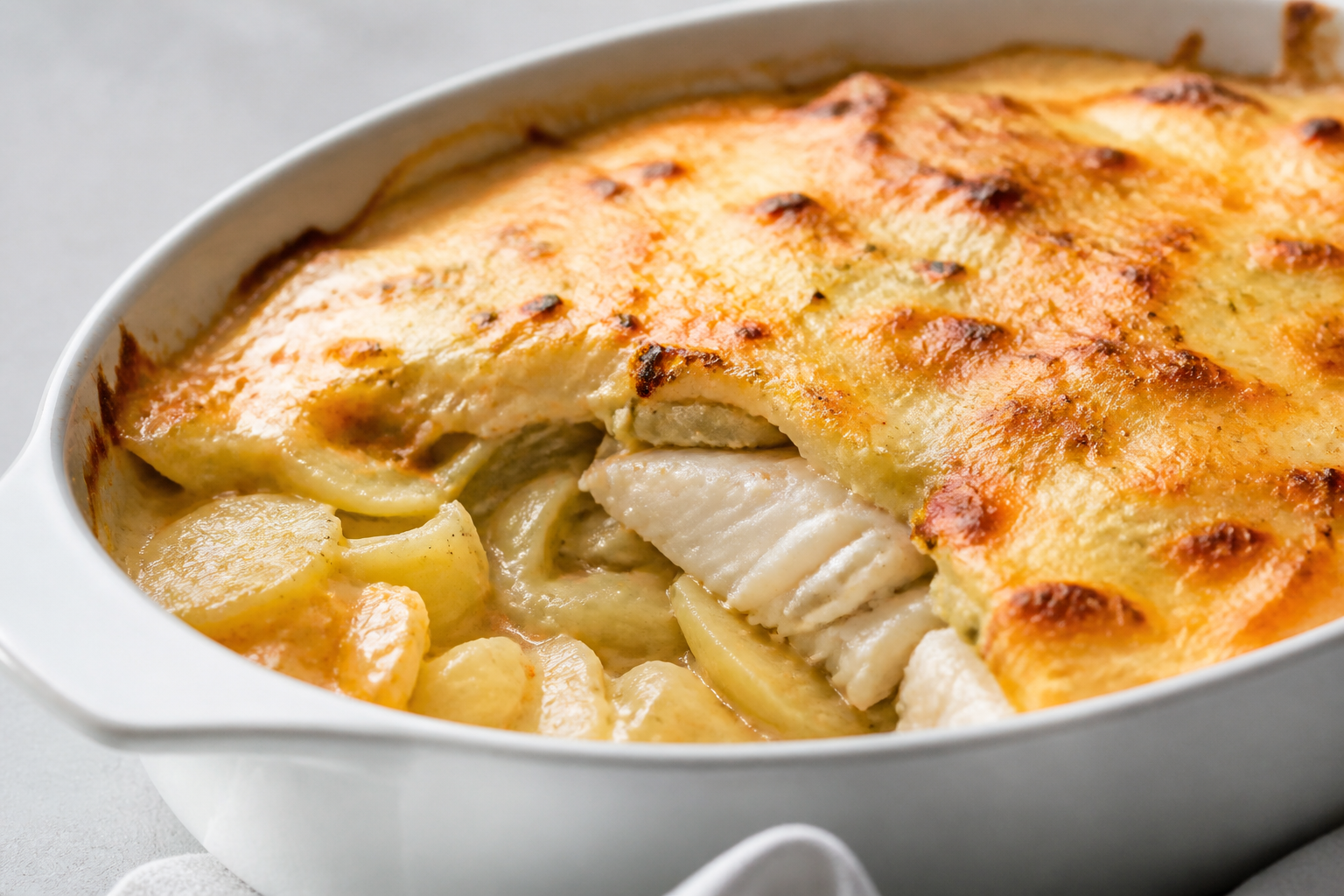 Cazuela gratinada de papas, alcachofas y merluza con crema de chanco al merkén