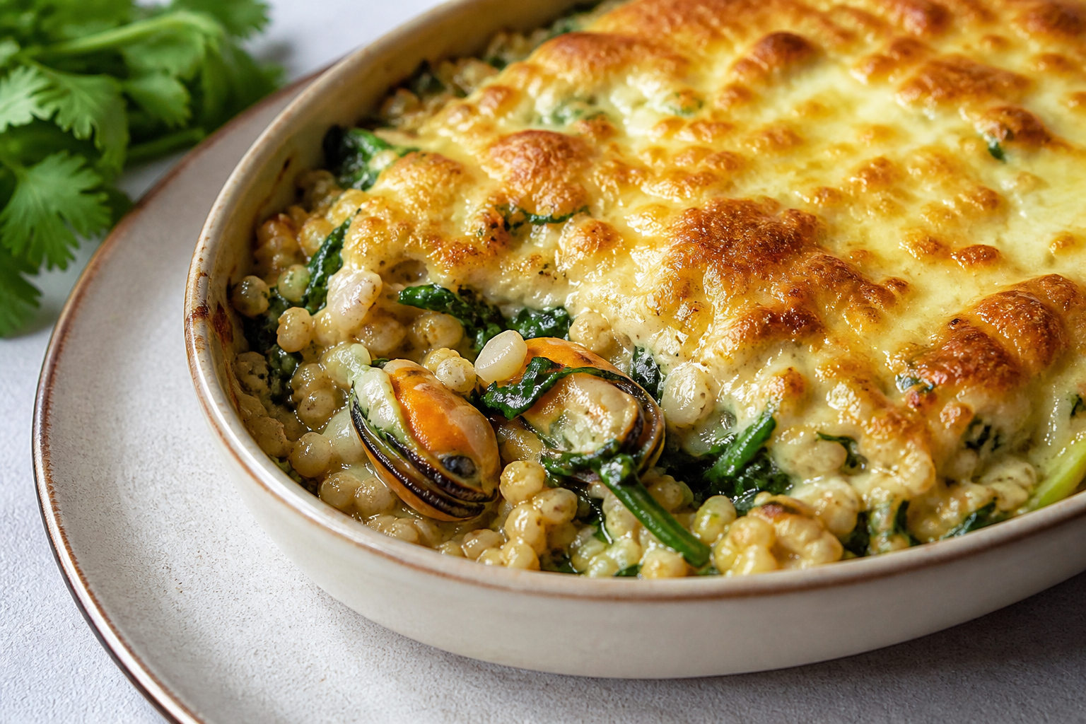 Pastel gratinado de mote cremoso con choritos al cilantro, espinaca salteada y costra de queso chanco