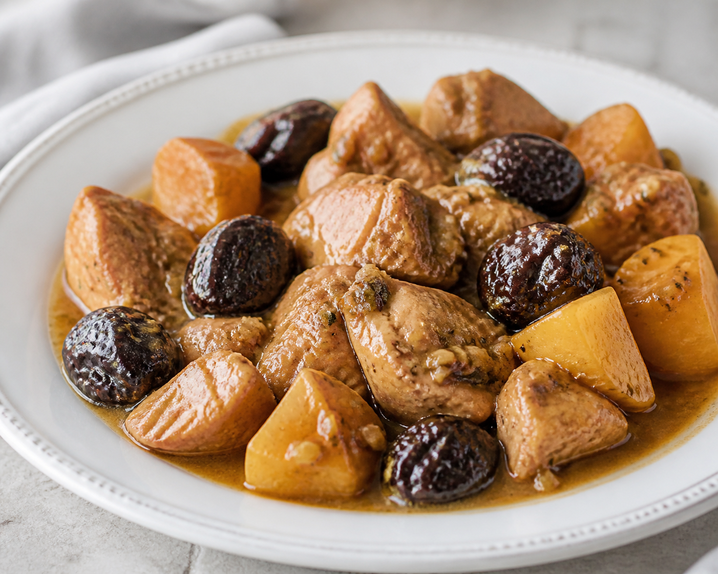 Fricasé Cubano de Pavo con Ciruelas, Vino Seco y Malanga Dorada