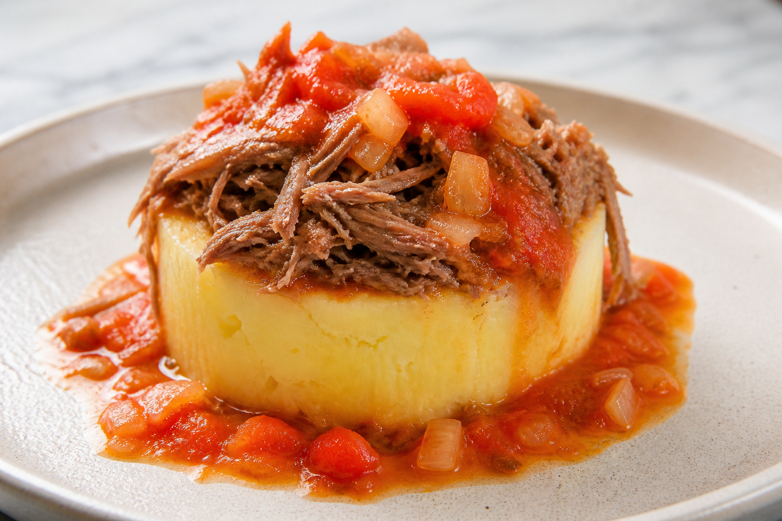 Cuban Yuca Timbale with Oregano Shredded Beef and Warm Roasted Tomato Mojo