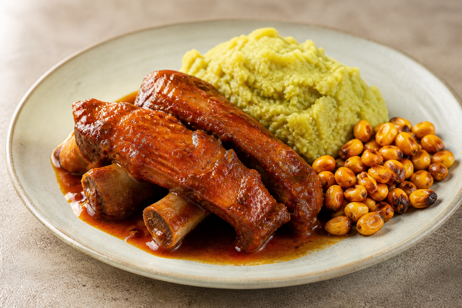 Costillas de Cerdo en Salsa de Tomate de Árbol y Jengibre con Majado de Verde y Choclo Tostado