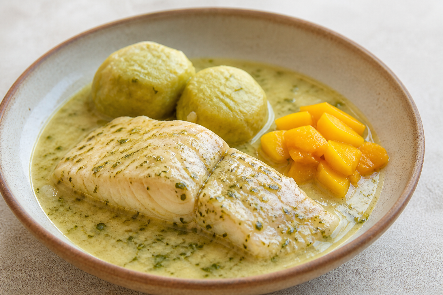 Estofado de Pescado en Ají de Coco y Hierbaluisa con Bolitas de Verde y Encurtido de Mango