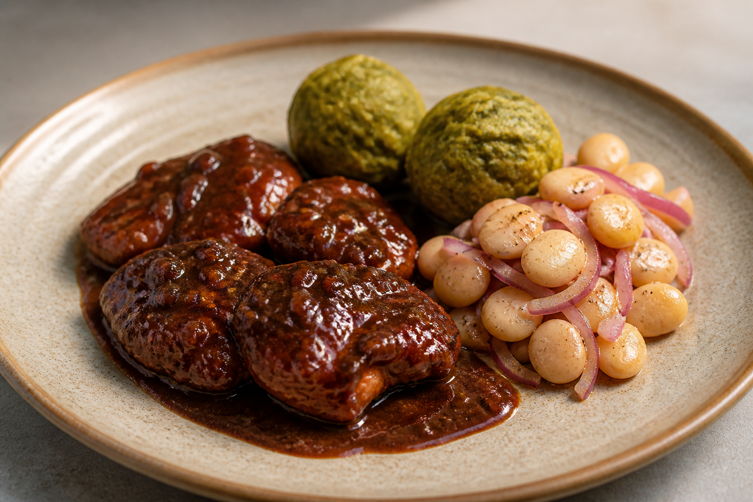 Pollo Manaba en Salsa de Cacao y Mandarina con Bolitas de Verde y Ensalada Tibia de Chochos