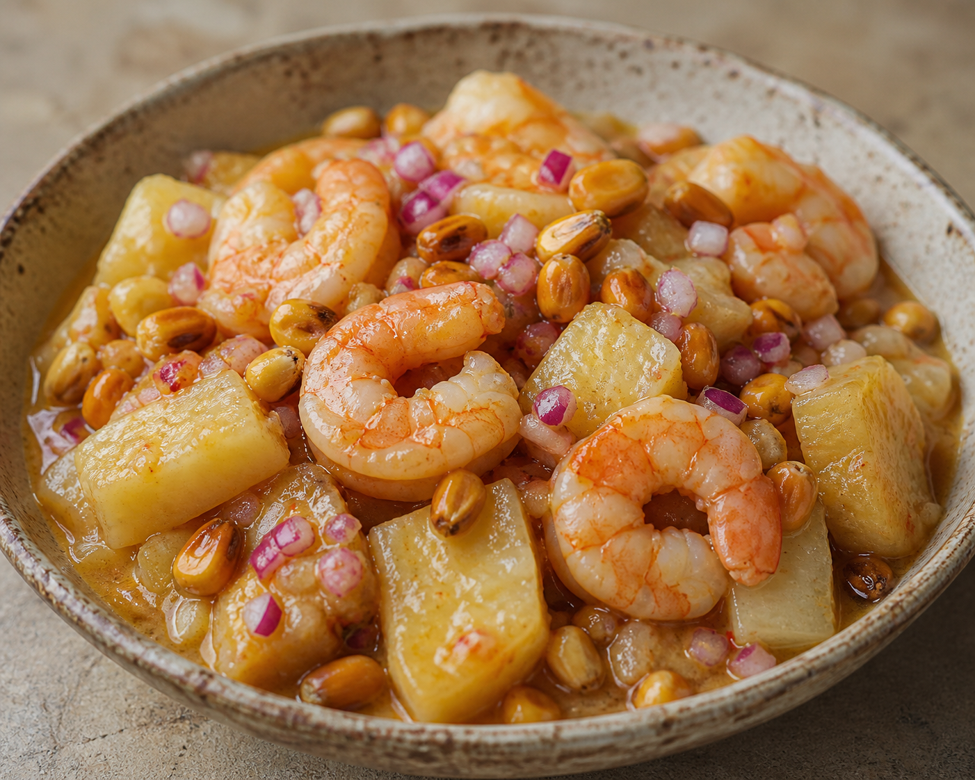 Cazuela Criolla de Yuca y Camarón con Choclo Tostado y Ají de Hierbaluisa