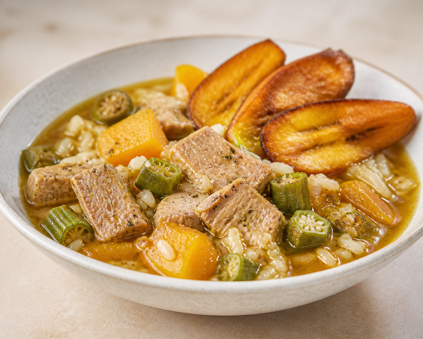 Puerto Rican Brothy Rice with Pork, Pumpkin and Okra with Crispy Plantain
