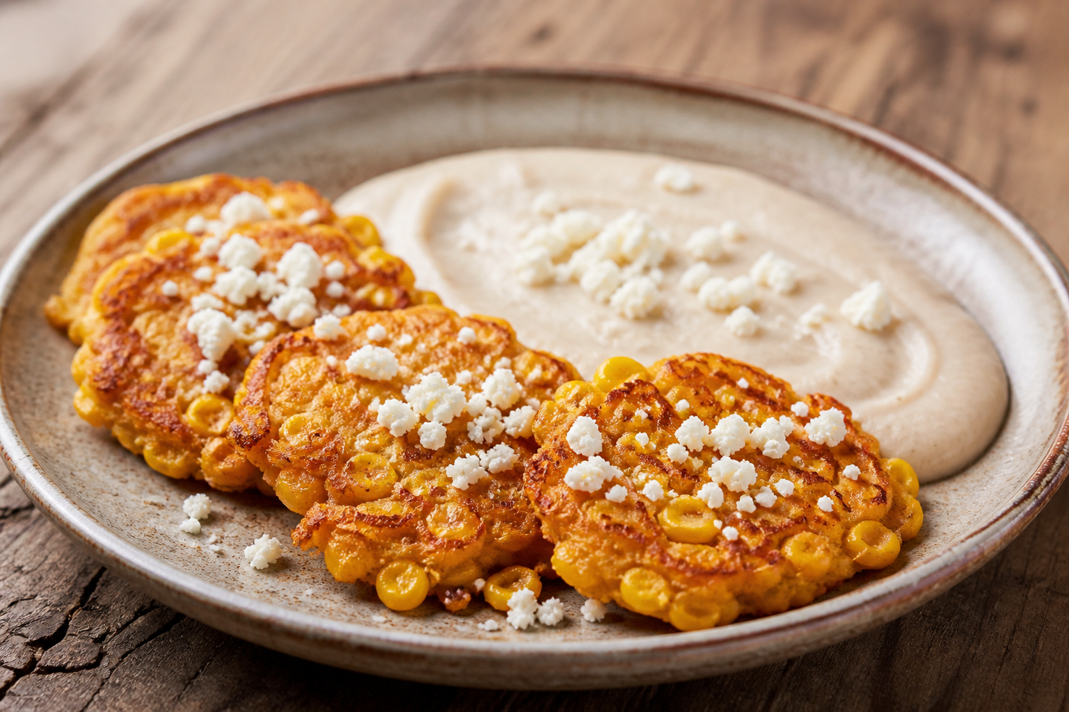 Salvadoran corn and spiced squash fritters with white bean alguashte cream
