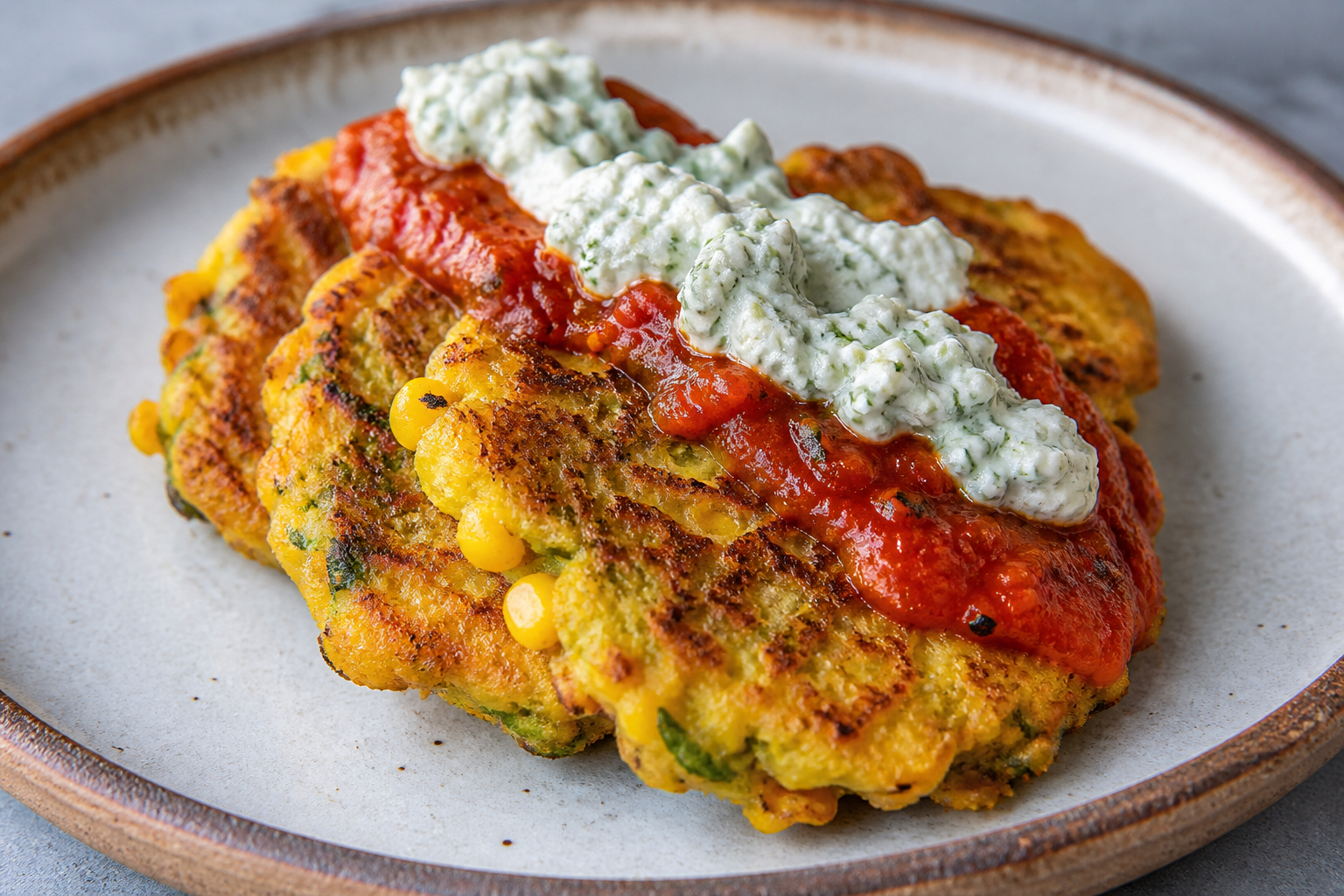 Salvadoran corn and squash fritters with epazote ricotta and charred tomato sauce