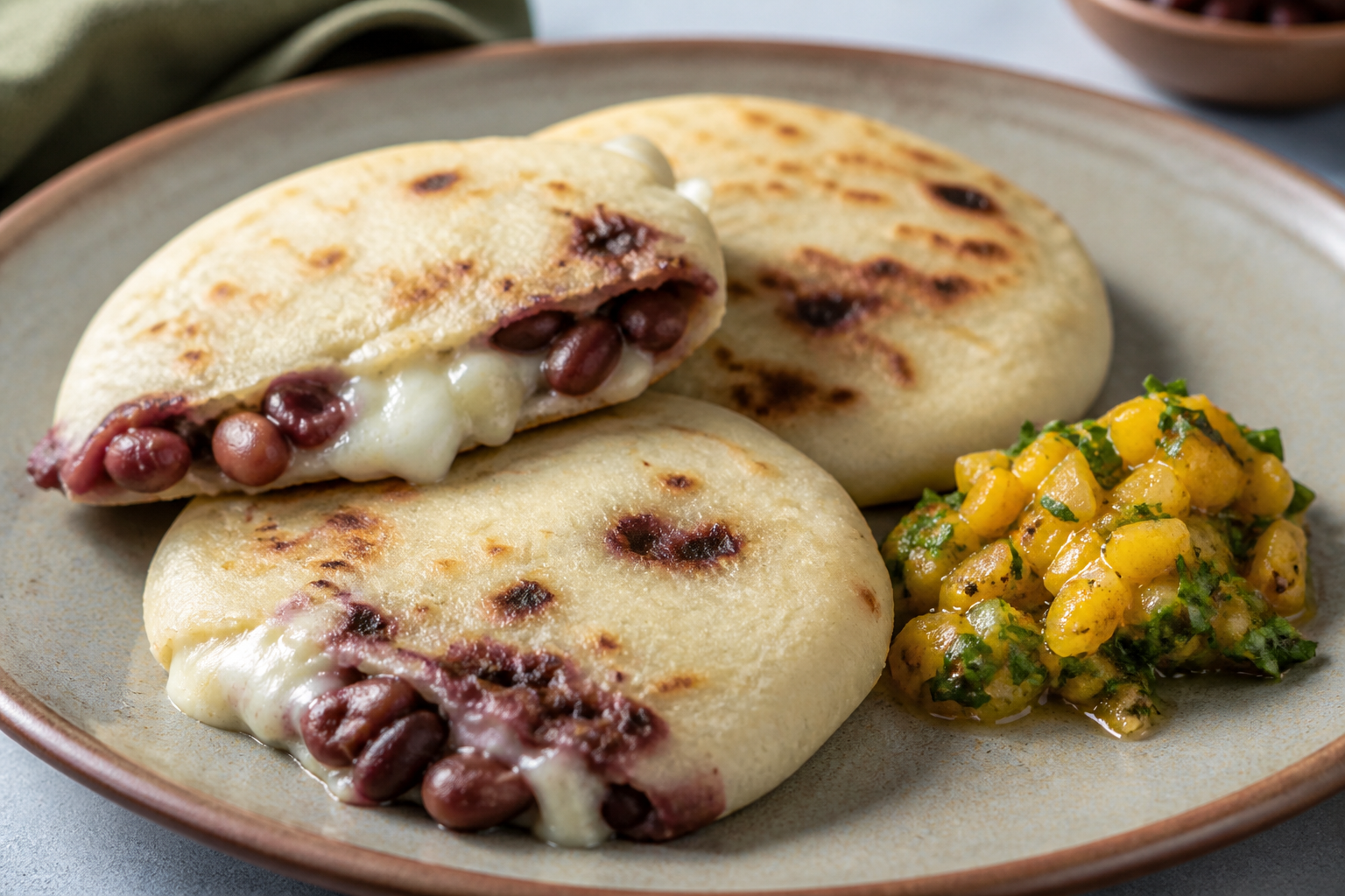 Pupusas salvadoreñas de arroz con frijol rojo, queso duro blando y chirmol de piña asada