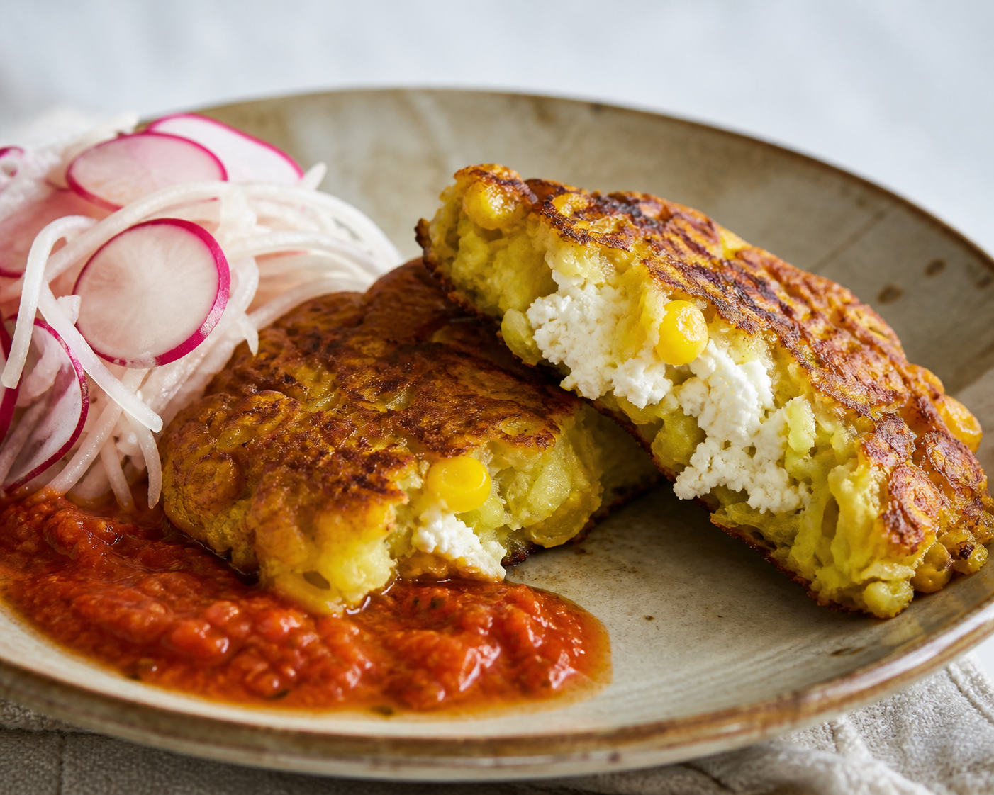 Tortitas salvadoreñas de maíz y ayote con corazón de cuajada, recado de tomate tatemado y ensalada fresca de rábano